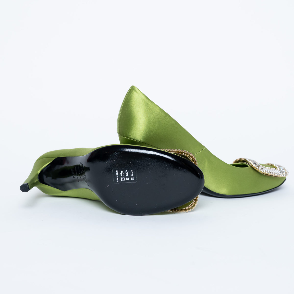 Roger Vivier Green Satin Heels with Crystal Embellishments Size 36.5