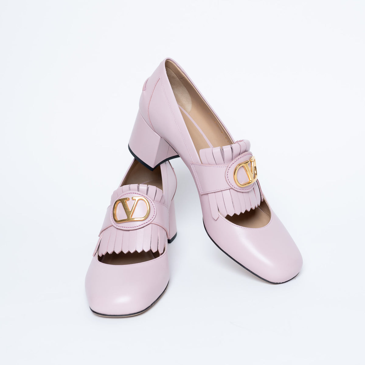 Valentino Blush Leather VLogo Pumps with Fringe Detail Size 41