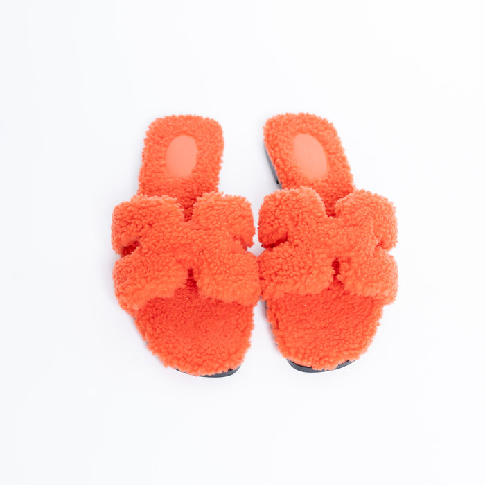 Hermes Orange Shearling Oran Sandals Size 39