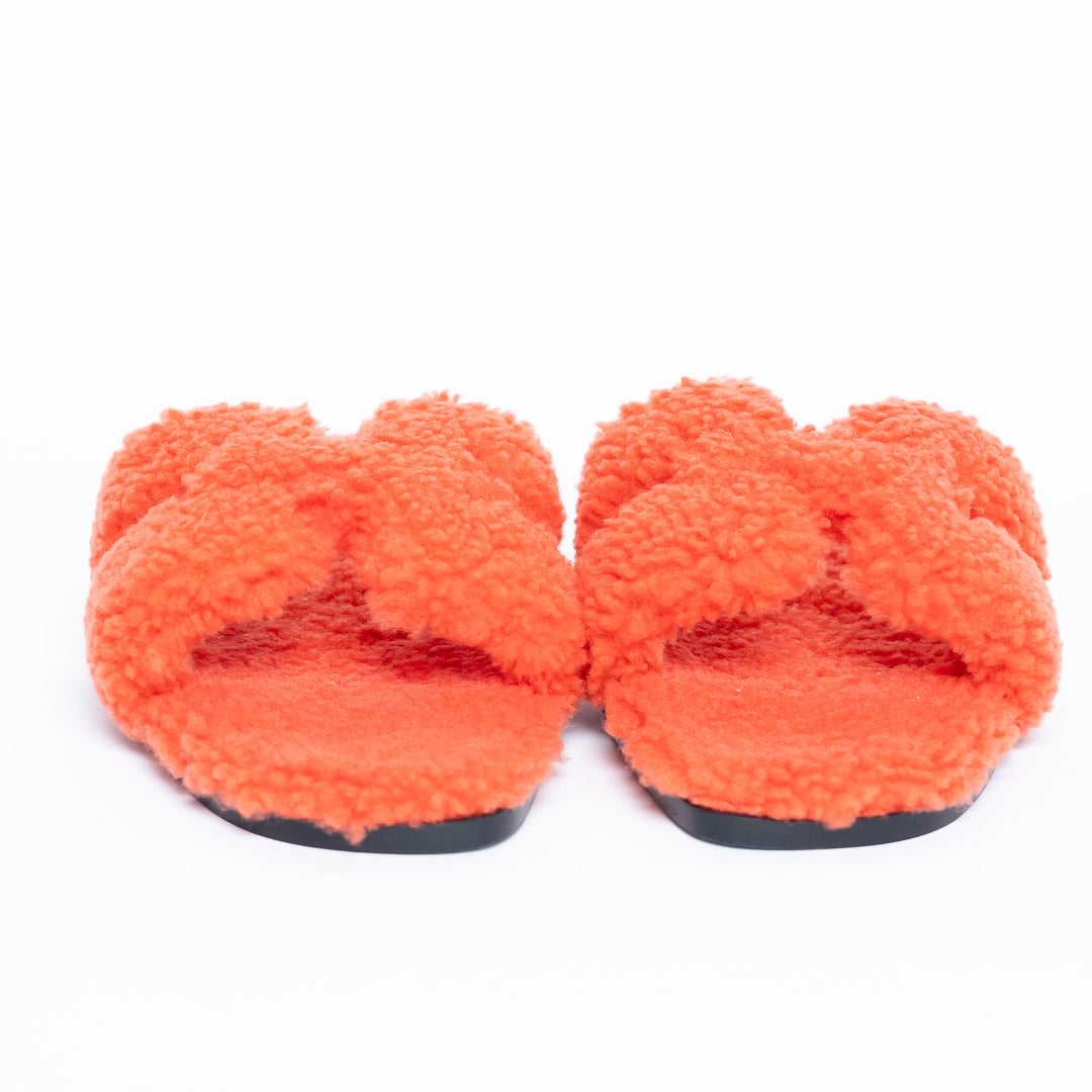 Hermes Orange Shearling Oran Sandals Size 39