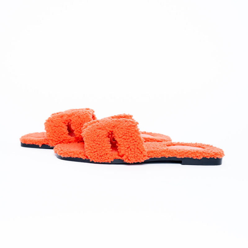 Hermes Orange Shearling Oran Sandals Size 39