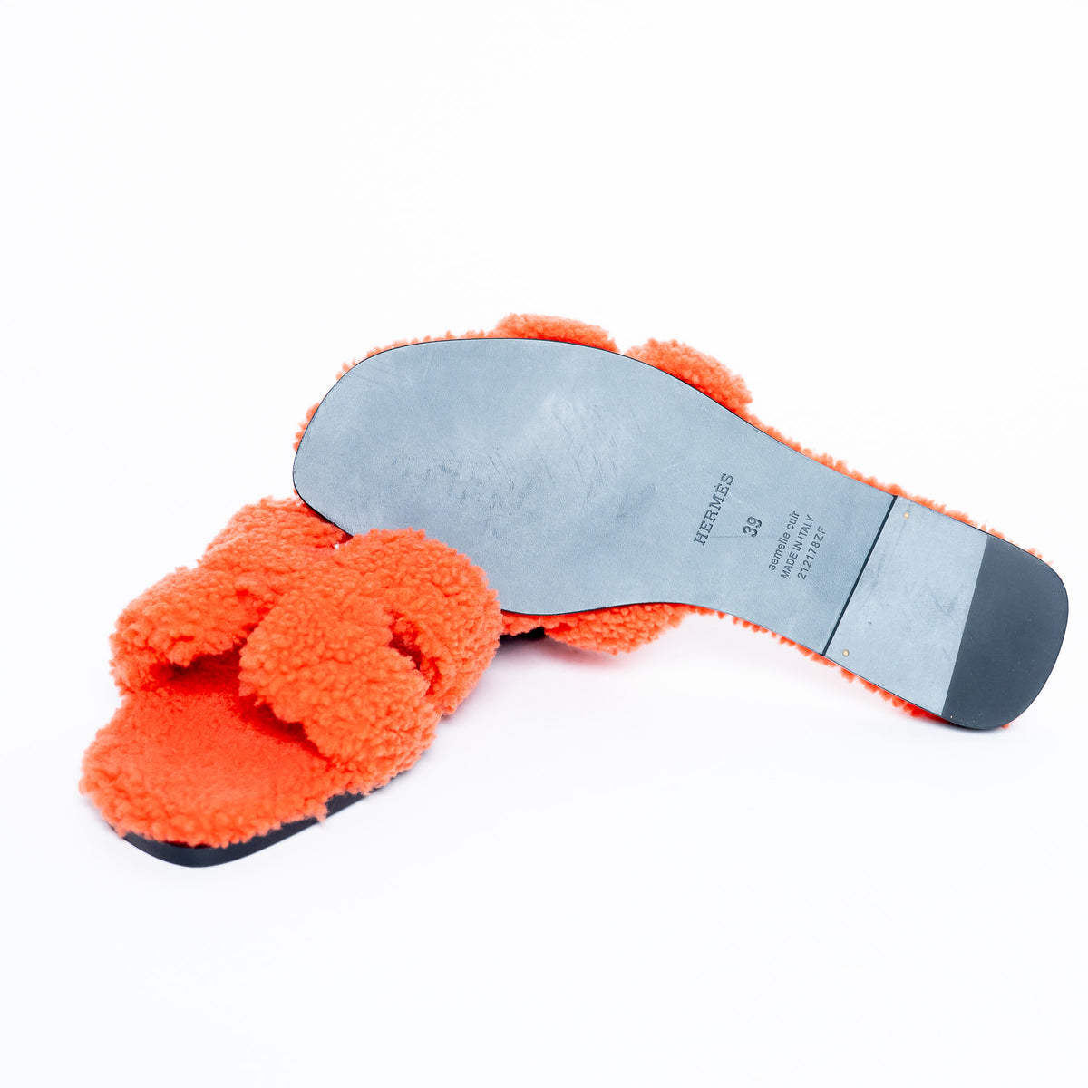 Hermes Orange Shearling Oran Sandals Size 39