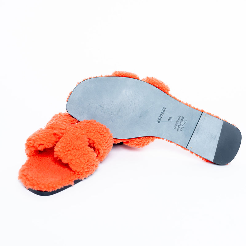 Hermes Orange Shearling Oran Sandals Size 39