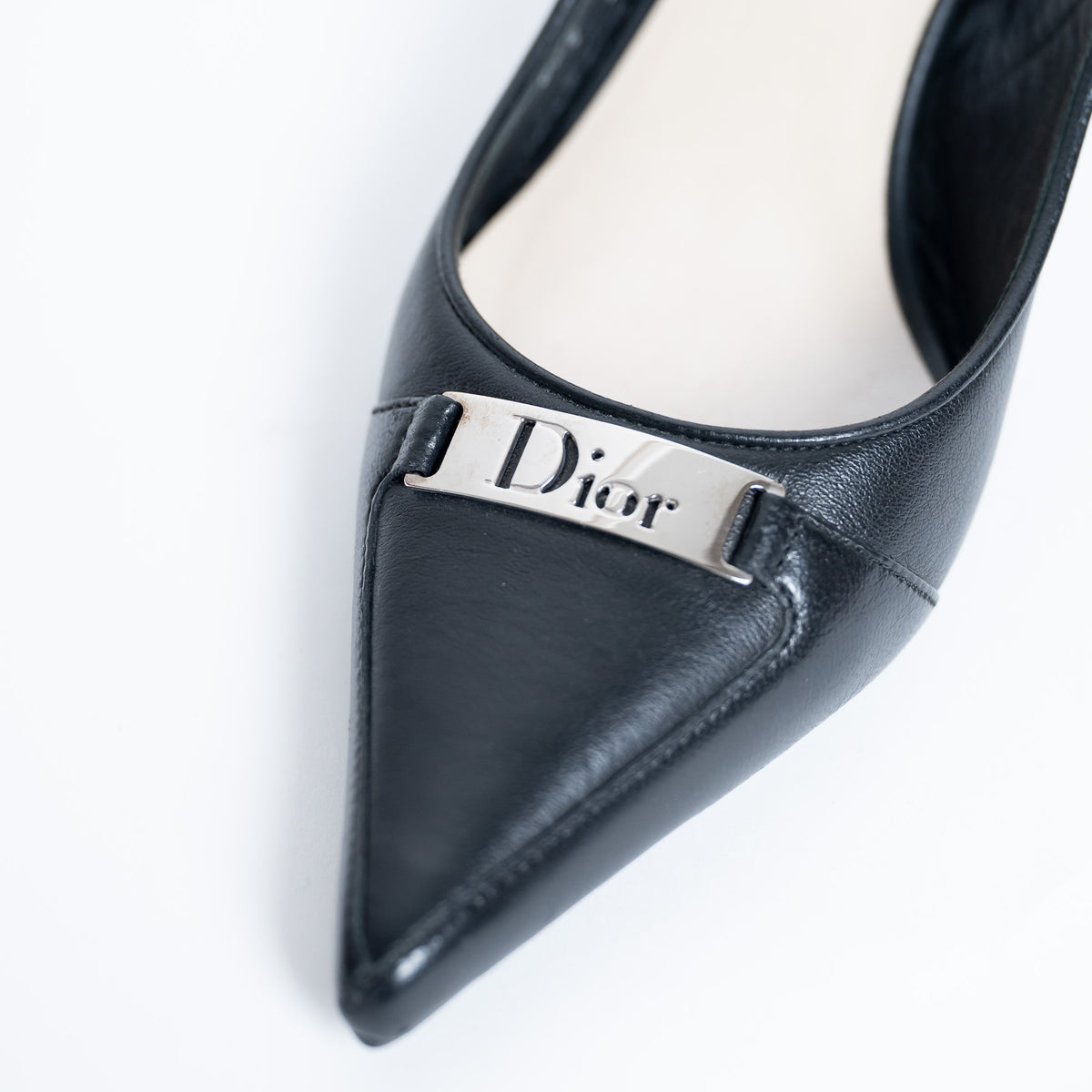 Dior Black Leather Slingback Kitten Heels with Logo Plaque Size 36.5