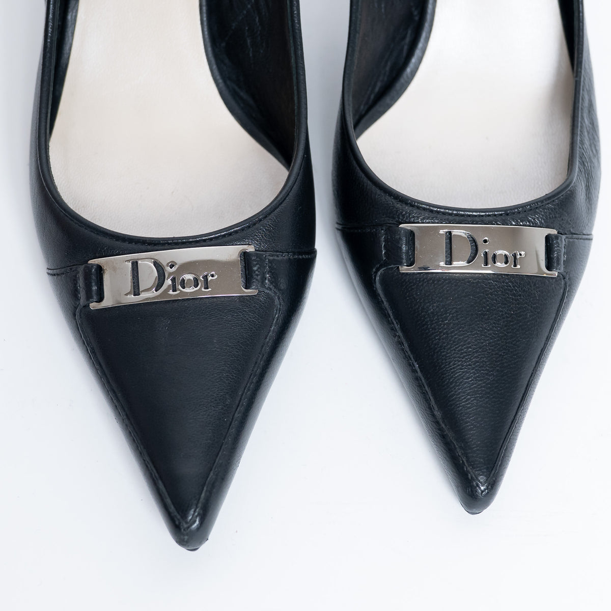 Dior Black Leather Slingback Kitten Heels with Logo Plaque Size 36.5
