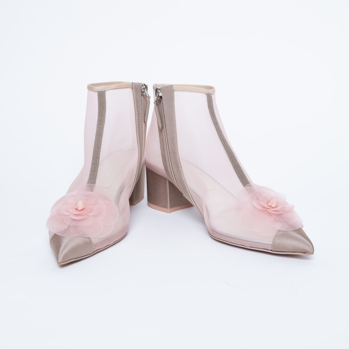 Pre-Loved Chanel™ Blush Pink Mesh Booties with Camellia Detail Size 38