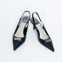 Dior Black Leather Slingback Kitten Heels with Logo Plaque Size 36.5