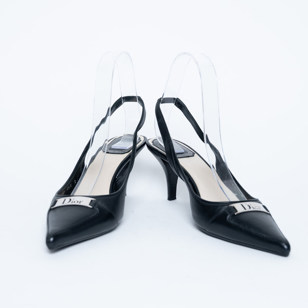 Dior Black Leather Slingback Kitten Heels with Logo Plaque Size 36.5