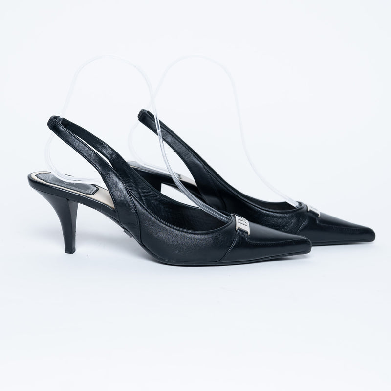 Dior Black Leather Slingback Kitten Heels with Logo Plaque Size 36.5