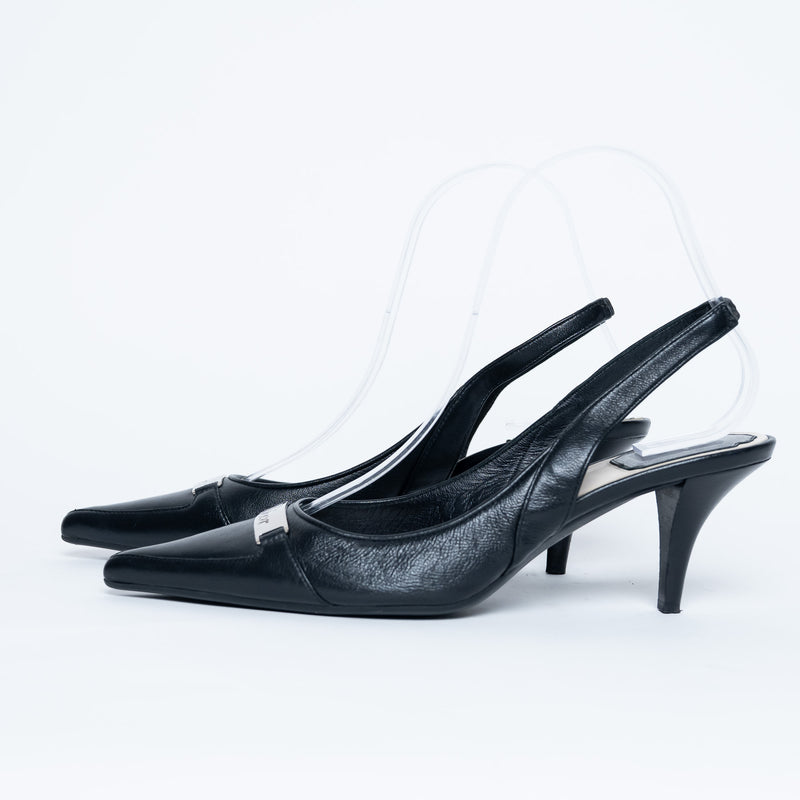 Dior Black Leather Slingback Kitten Heels with Logo Plaque Size 36.5