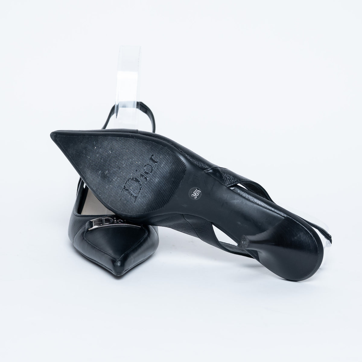 Dior Black Leather Slingback Kitten Heels with Logo Plaque Size 36.5