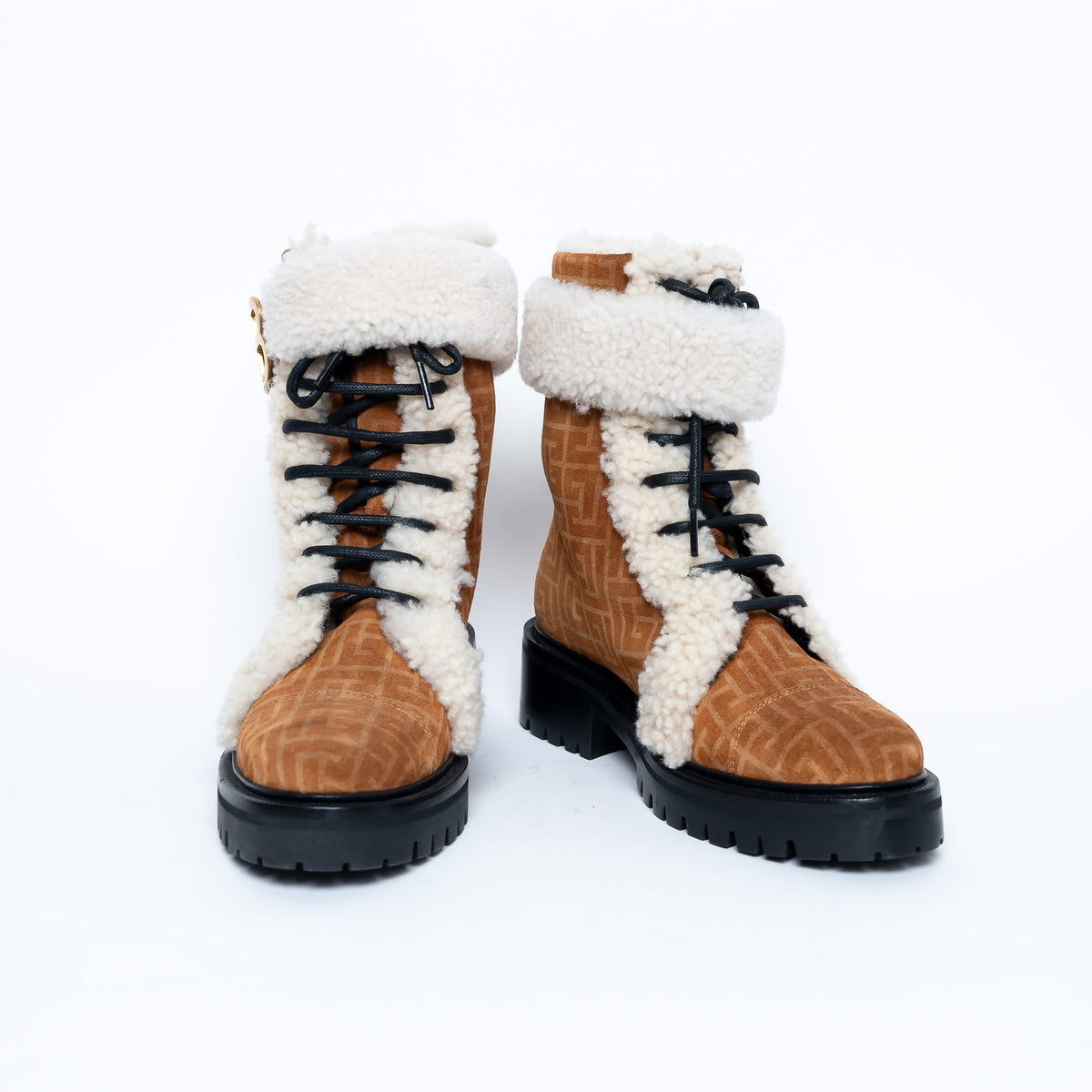 Balmain Monogram Lace Up Boots with Shearling Size 37