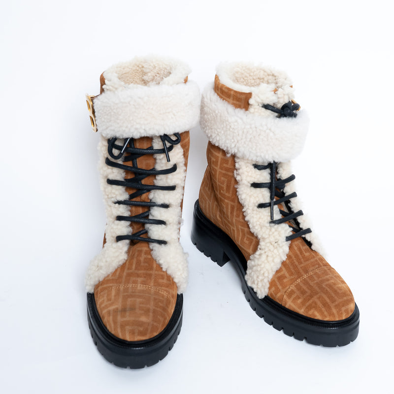 Balmain Monogram Lace Up Boots with Shearling Size 37