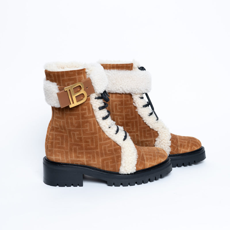 Balmain Monogram Lace Up Boots with Shearling Size 37