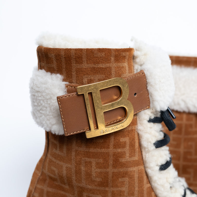 Balmain Monogram Lace Up Boots with Shearling Size 37