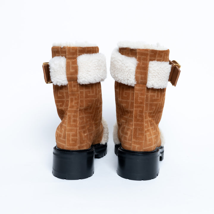 Balmain Monogram Lace Up Boots with Shearling Size 37