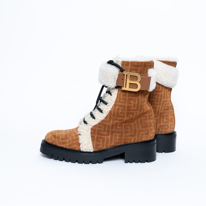 Balmain Monogram Lace Up Boots with Shearling Size 37