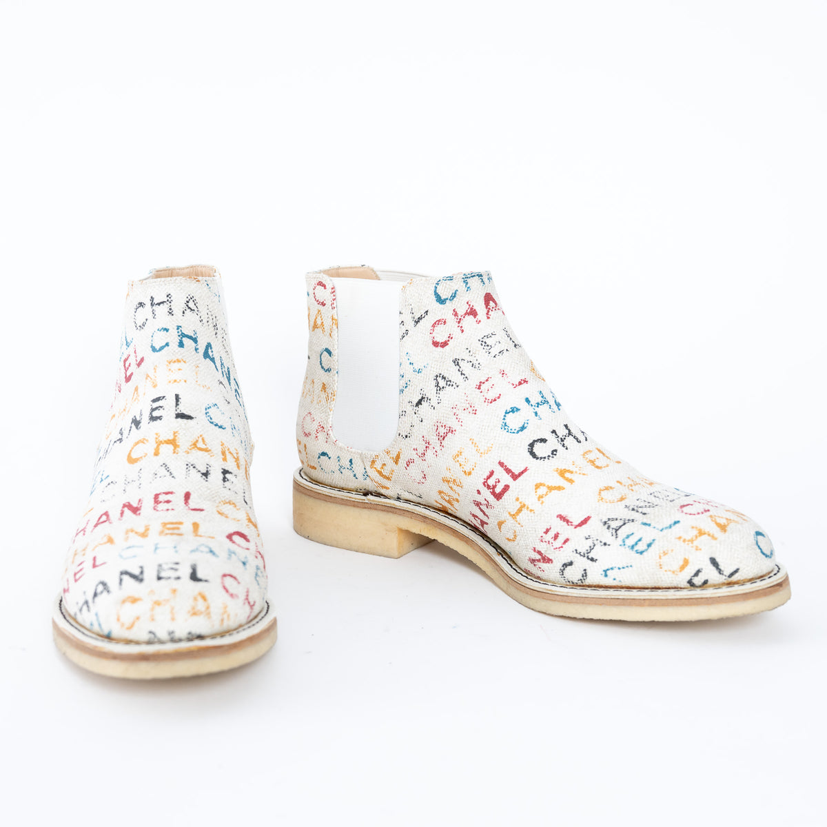 Pre-Loved Chanel™ Multicolour Logo Print Ankle Boots Size 38.5