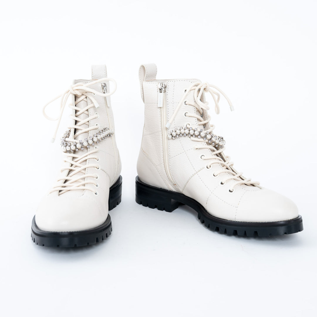 Jimmy Choo White Lace Boots with Crystal Embellishments Size 37