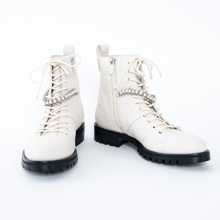 Jimmy Choo White Lace Boots with Crystal Embellishments Size 37