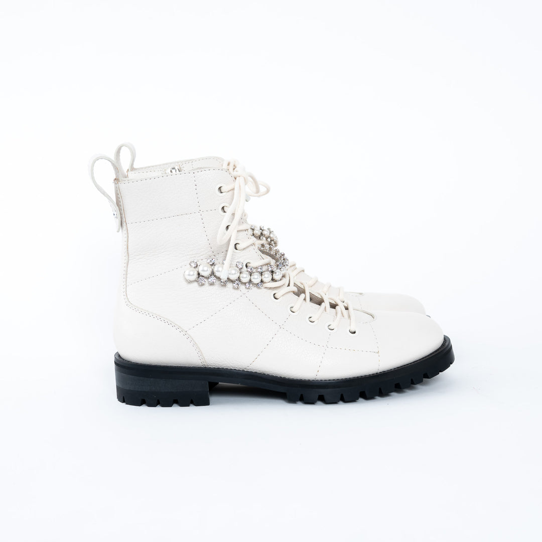 Jimmy Choo White Lace Boots with Crystal Embellishments Size 37