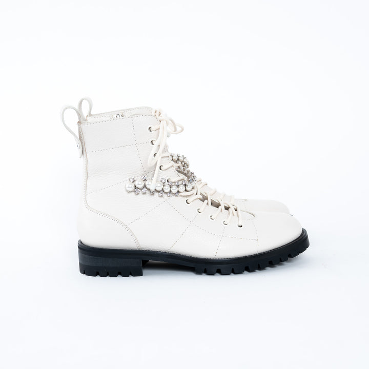 Jimmy Choo White Lace Boots with Crystal Embellishments Size 37