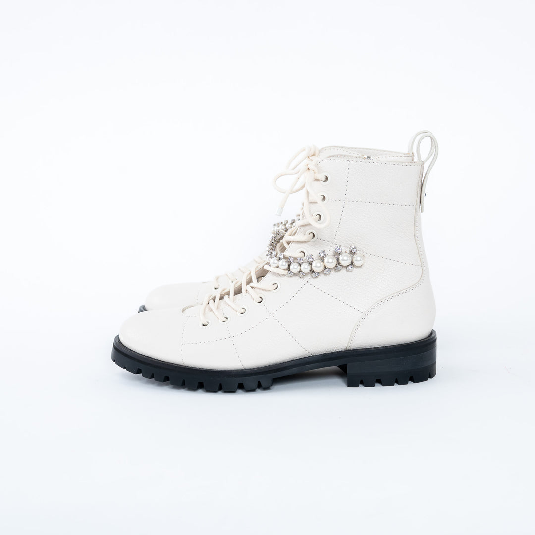 Jimmy Choo White Lace Boots with Crystal Embellishments Size 37