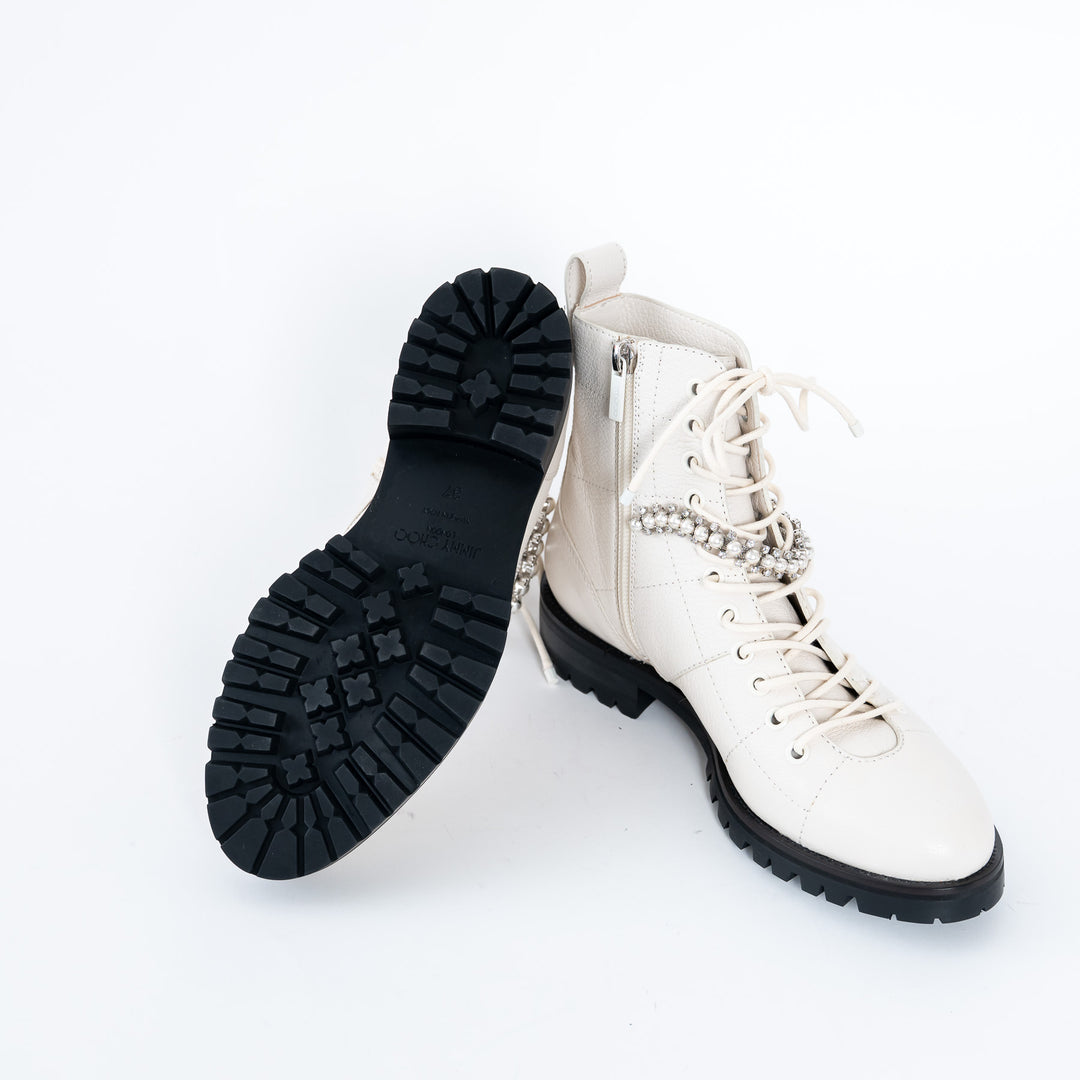 Jimmy Choo White Lace Boots with Crystal Embellishments Size 37
