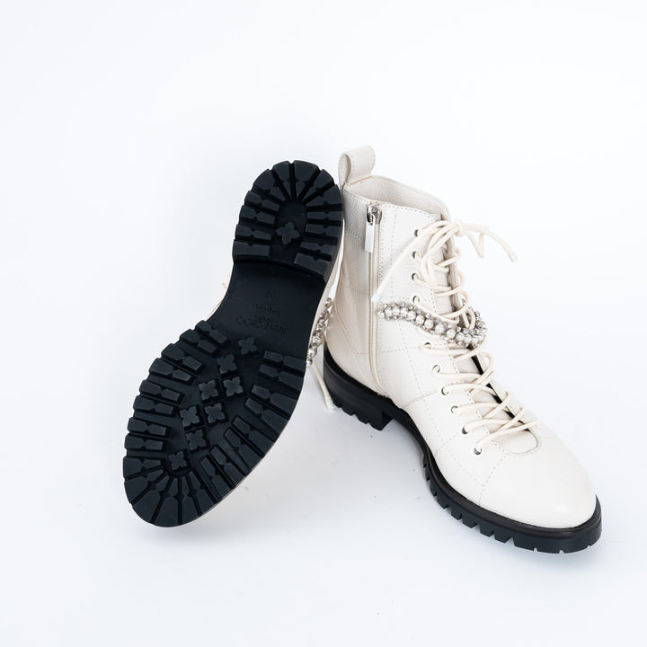 Jimmy Choo White Lace Boots with Crystal Embellishments Size 37