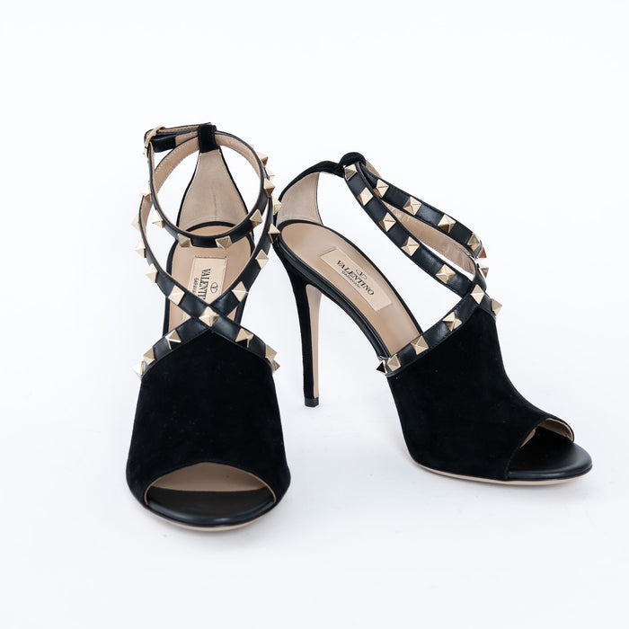 Valentino Black Rockstud Peep Toe Heeled Sandals Size 38