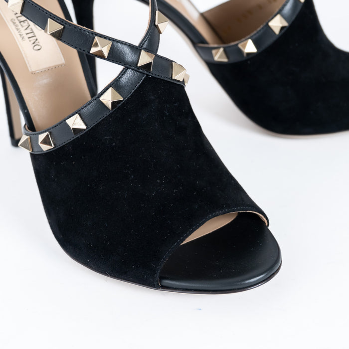 Valentino Black Rockstud Peep Toe Heeled Sandals Size 38