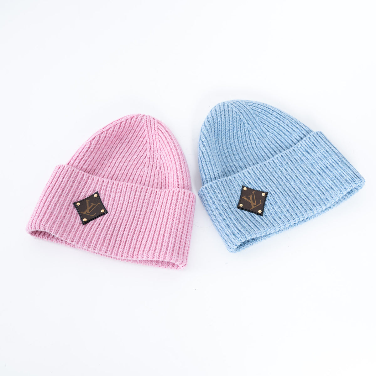 Louis Vuitton Pink/Blue Ribbed Knit Hats with Logo Detail