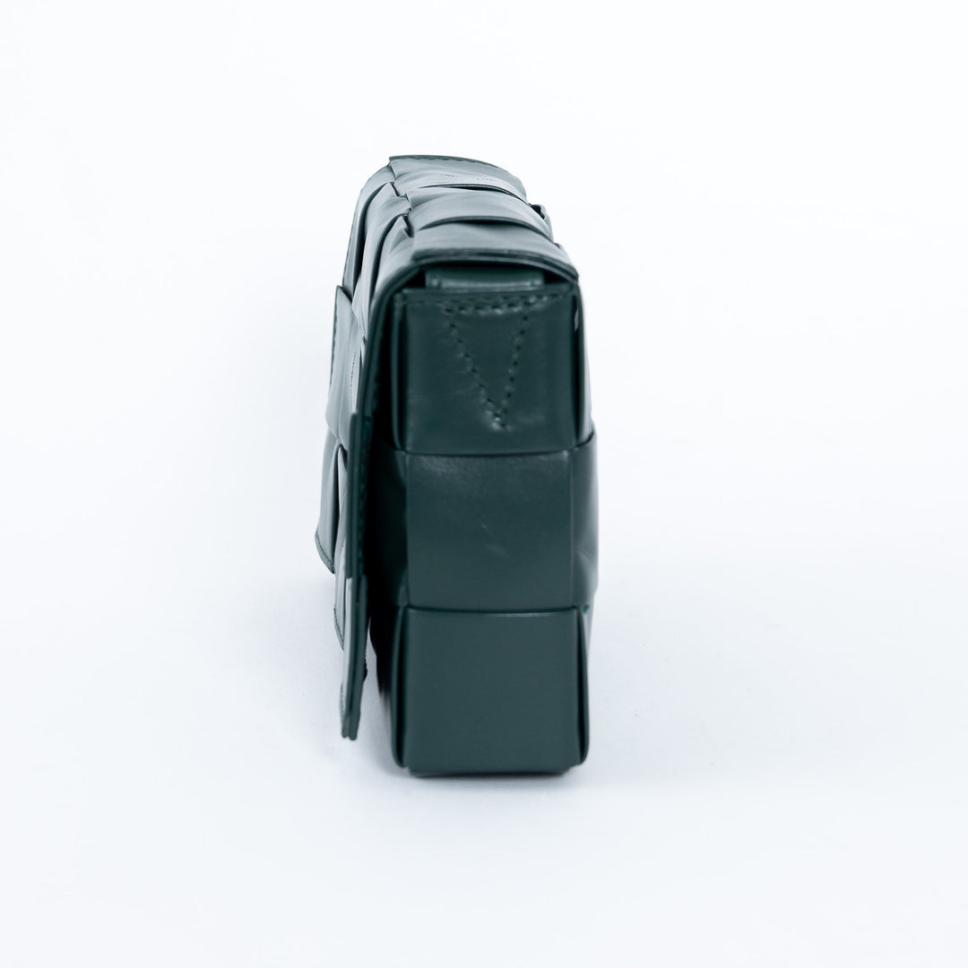 Bottega Veneta Dark Green Calf Leather Intrecciato Cassette Crossbody Bag