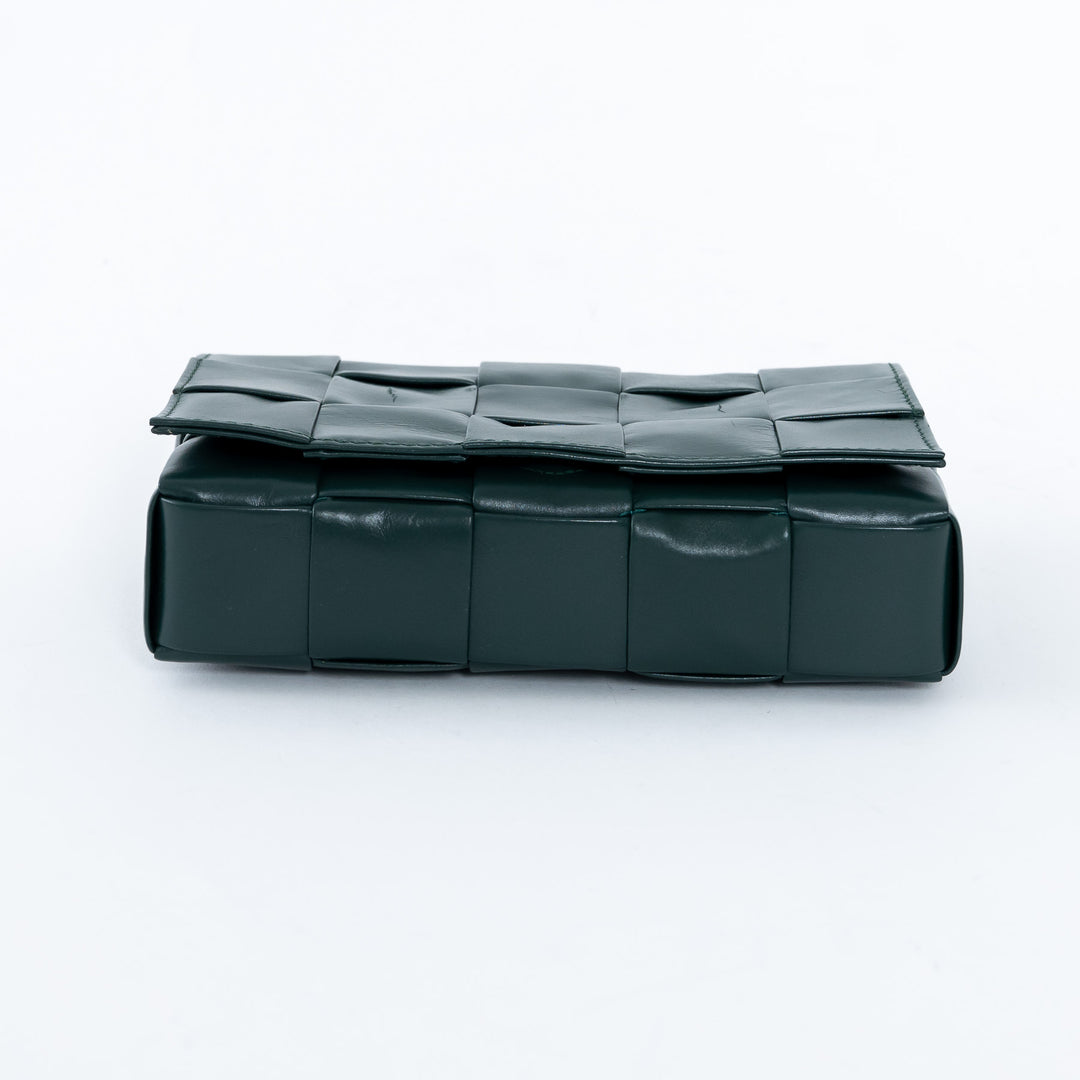 Bottega Veneta Dark Green Calf Leather Intrecciato Cassette Crossbody Bag