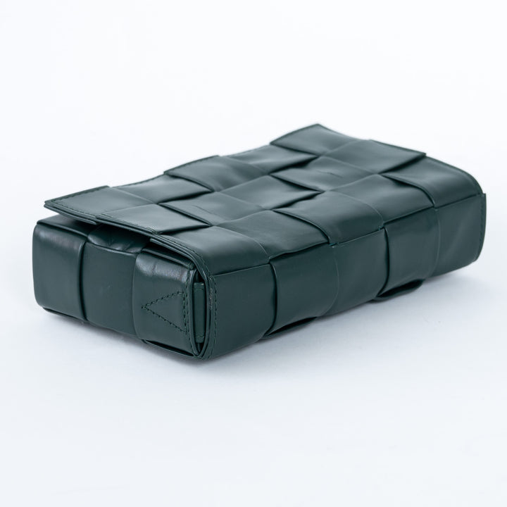 Bottega Veneta Dark Green Calf Leather Intrecciato Cassette Crossbody Bag