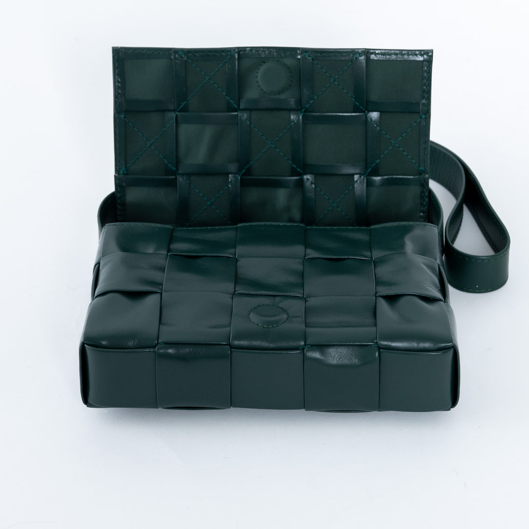 Bottega Veneta Dark Green Calf Leather Intrecciato Cassette Crossbody Bag