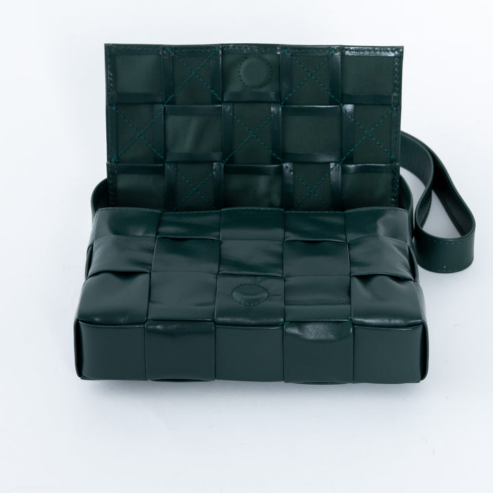 Bottega Veneta Dark Green Calf Leather Intrecciato Cassette Crossbody Bag