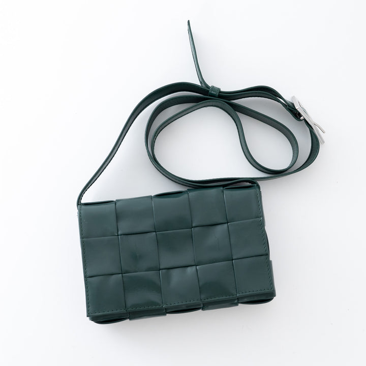 Bottega Veneta Dark Green Calf Leather Intrecciato Cassette Crossbody Bag