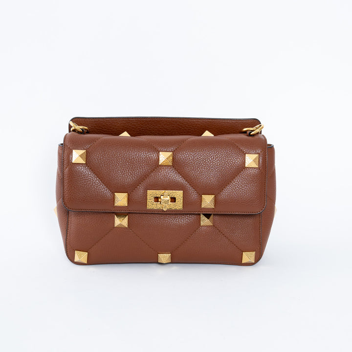 Valentino Brown Roman Rockstud Quilted Flap Bag