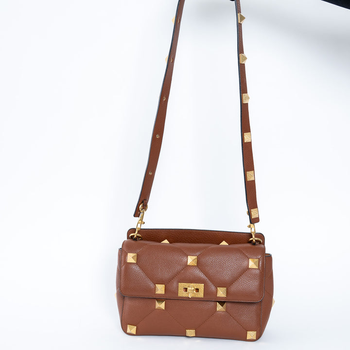 Valentino Brown Roman Rockstud Quilted Flap Bag