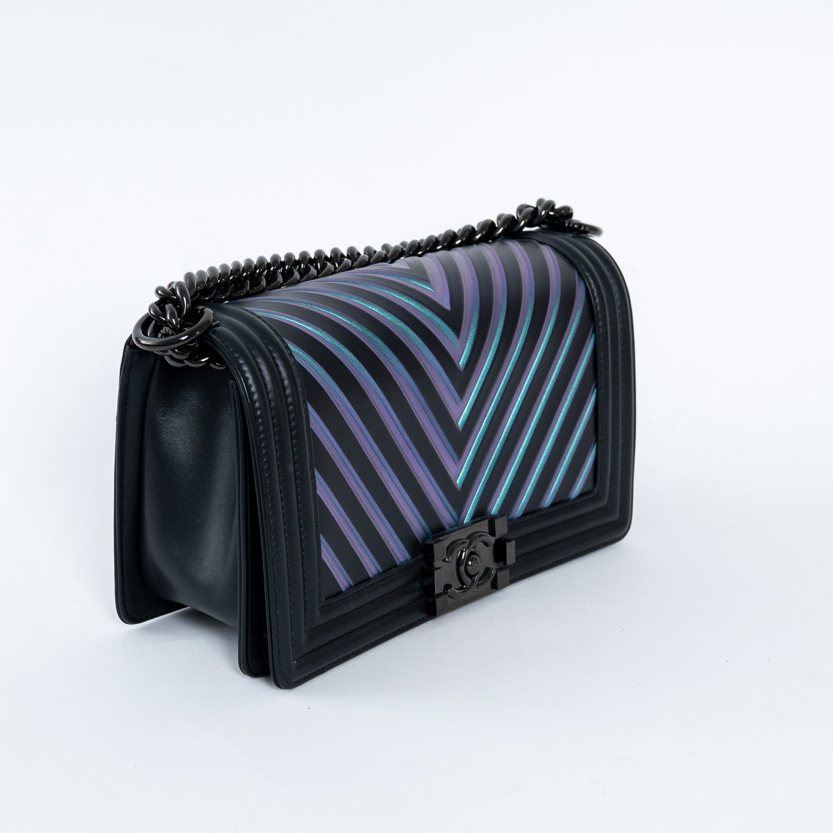 Pre-Loved Chanel™ Calfskin Leather Iridescent Green & Purple Colour Chevron Boy Bag