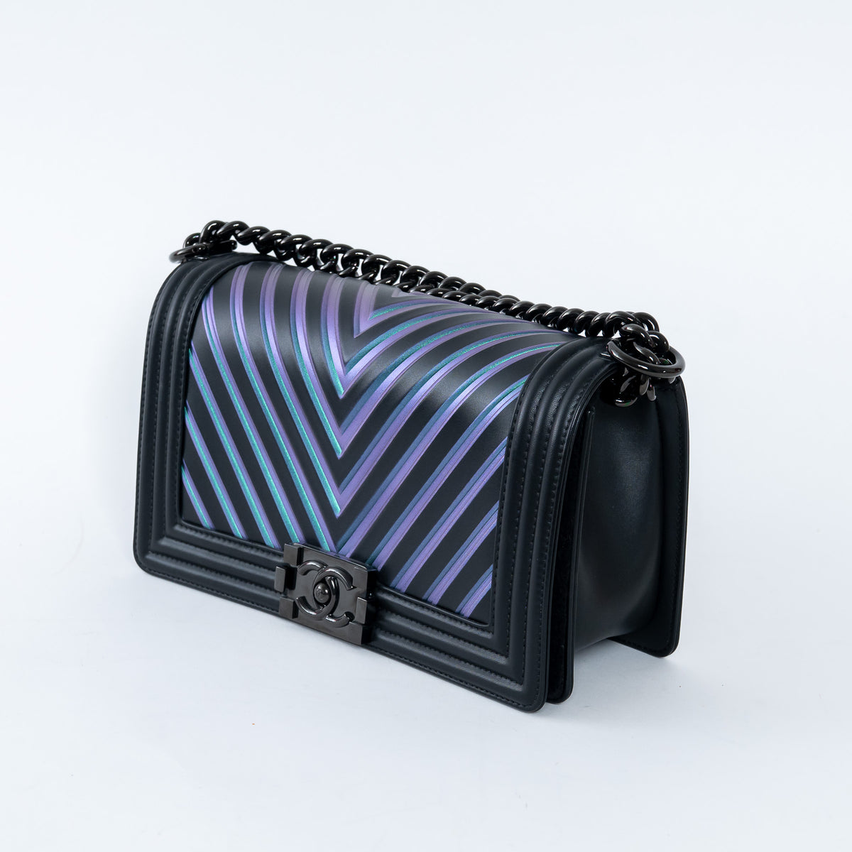 Pre-Loved Chanel™ Calfskin Leather Iridescent Green & Purple Colour Chevron Boy Bag