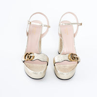 Gucci Gold Platform Block Heel Sandals with Marmont Logo Size 38.5