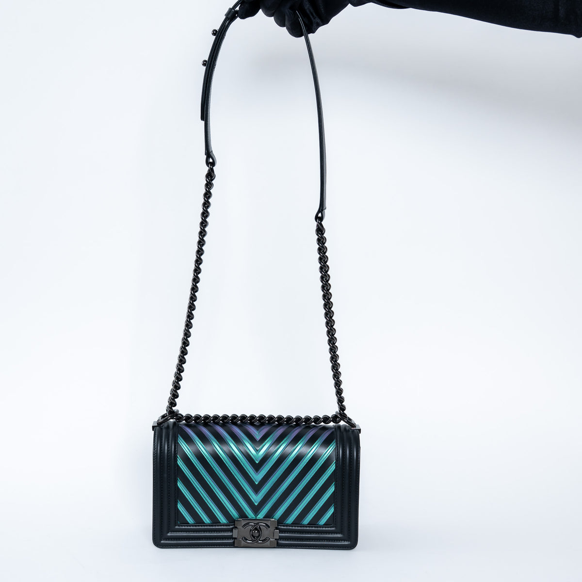 Pre-Loved Chanel™ Calfskin Leather Iridescent Green & Purple Colour Chevron Boy Bag