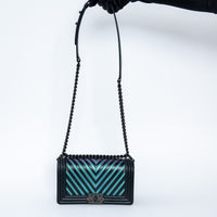 Pre-Loved Chanel™ Calfskin Leather Iridescent Green & Purple Colour Chevron Boy Bag