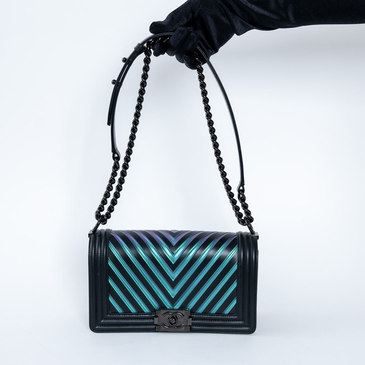 Pre-Loved Chanel™ Calfskin Leather Iridescent Green & Purple Colour Chevron Boy Bag