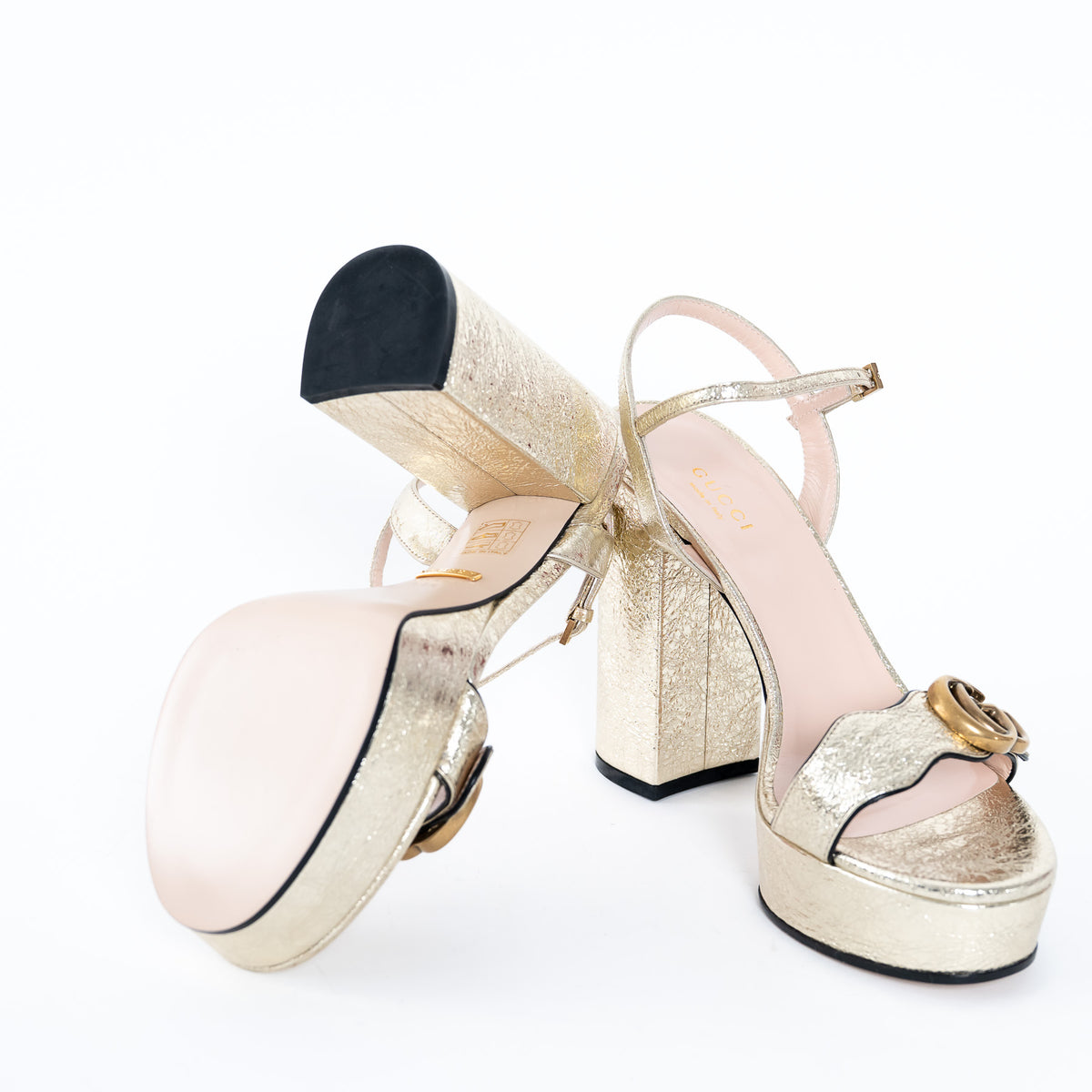 Gucci Gold Platform Block Heel Sandals with Marmont Logo Size 38.5