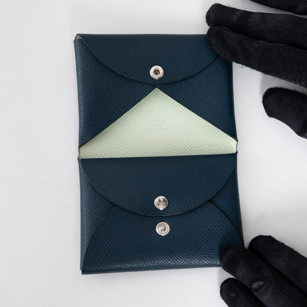 Hermes Bleu de Prusse & Vert Fizz Epsom Leather Calvi Verso Cardholder