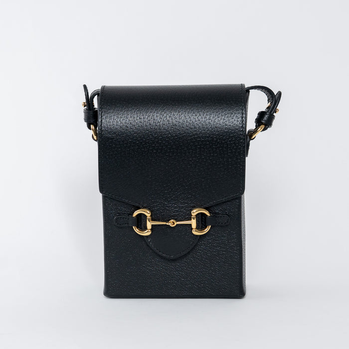Gucci Black Grained Leather Horsebit 1955 Vertical Crossbody Bag