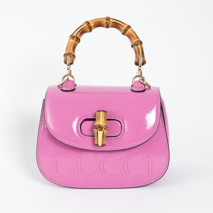 Gucci Pink Patent Leather Bamboo 1947 Mini Top Handle Handbag